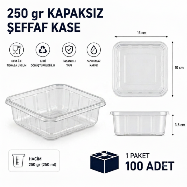 250 gr Kapaksız Şeffaf Plastik Kase - 100 Adet