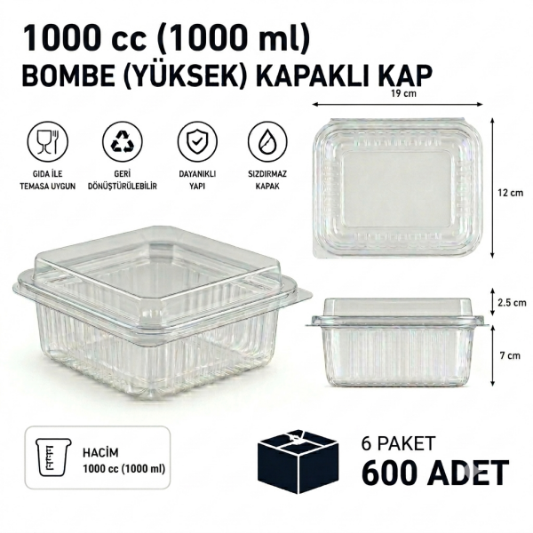 1000 cc Sızdırmaz Kap 600 Adet - Bombe Yüksek Kapak