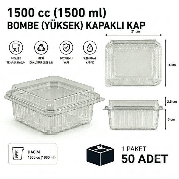 1500 cc Sızdırmaz Kap 50 Adet - Bombe Yüksek Kapak