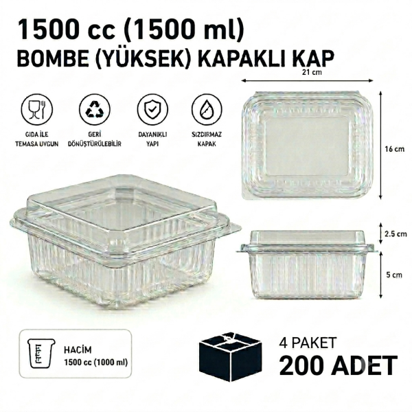 1500 cc Sızdırmaz Kap 200 Adet - Bombe Yüksek Kapak