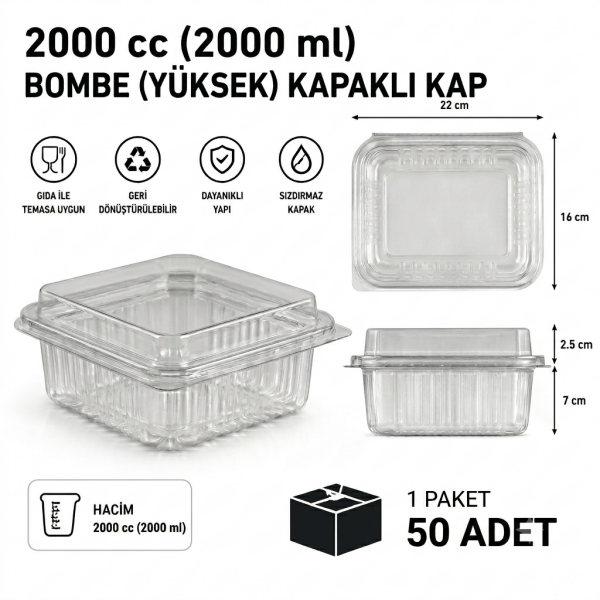 2000 cc Sızdırmaz Kap 50 Adet - Bombe Yüksek Kapak