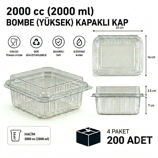 2000 cc Sızdırmaz Kap 200 Adet - Bombe Yüksek Kapak