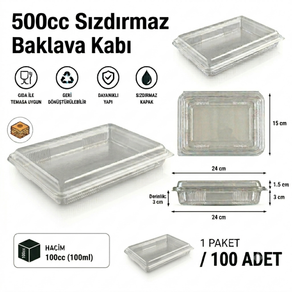 500 cc Sızdırmaz Baklava Kabı 100 Adet