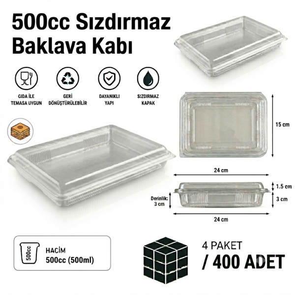 500 cc Sızdırmaz Baklava Kabı 400 Adet