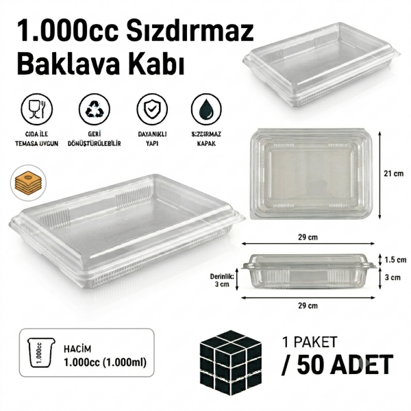 1000 cc Sızdırmaz Baklava Kabı 50 Adet