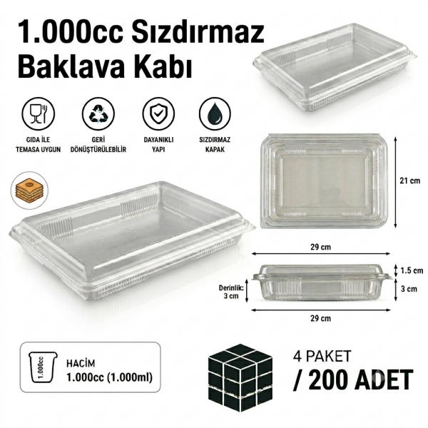 1000 cc Sızdırmaz Baklava Kabı 200 Adet