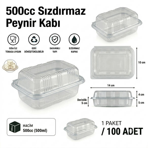 500 cc Sızdırmaz Peynir Kabı 100 Adet