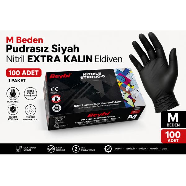 M Beden EXTRA KALIN Pudrasız Siyah Nitril Eldiven - 100 Adet