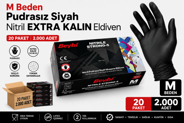 M Beden EXTRA KALIN Pudrasız Siyah Nitril Eldiven - 2.000 Adet