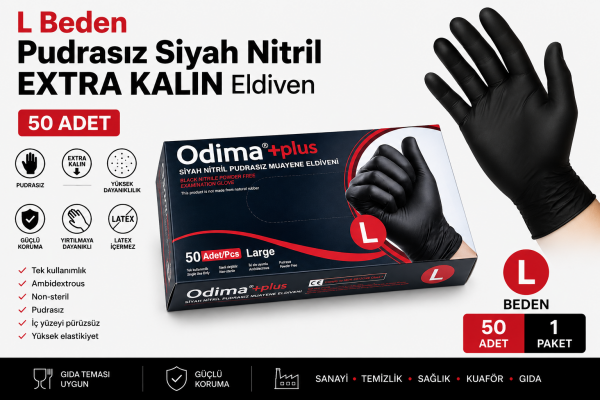 L Beden EXTRA KALIN Pudrasız Siyah Nitril Eldiven - 50 Adet