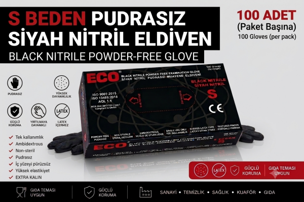 S Beden Pudrasız Siyah Nitril Eldiven - 100 Adet