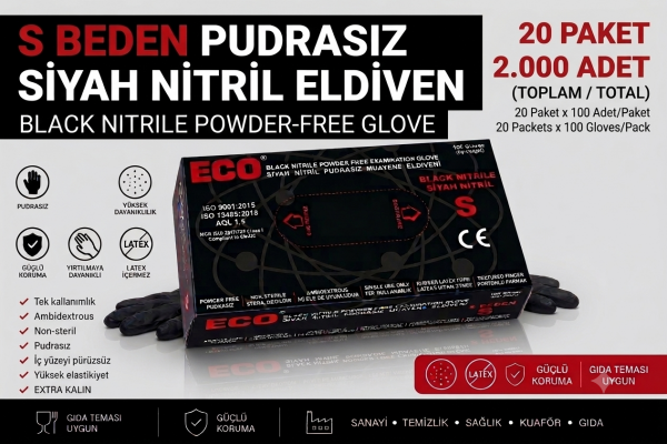 S Beden Pudrasız Siyah Nitril Eldiven - 2.000 Adet