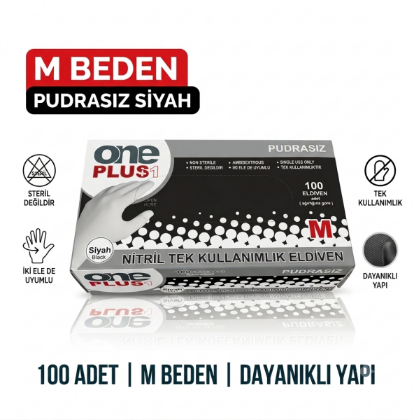 M Beden Pudrasız Siyah Nitril Eldiven - 100 Adet