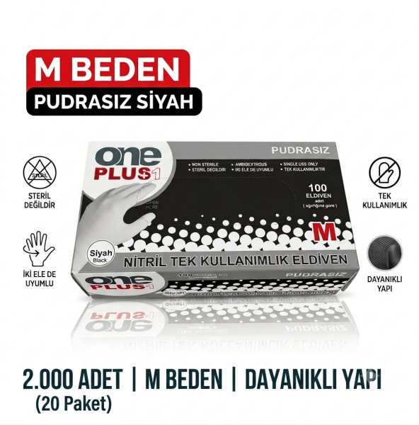 M Beden Pudrasız Siyah Nitril Eldiven - 2.000 Adet