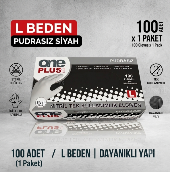 L Beden Pudrasız Siyah Nitril Eldiven - 100 Adet