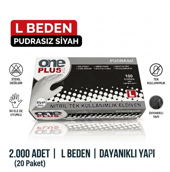 L Beden Pudrasız Siyah Nitril Eldiven - 2.000 Adet