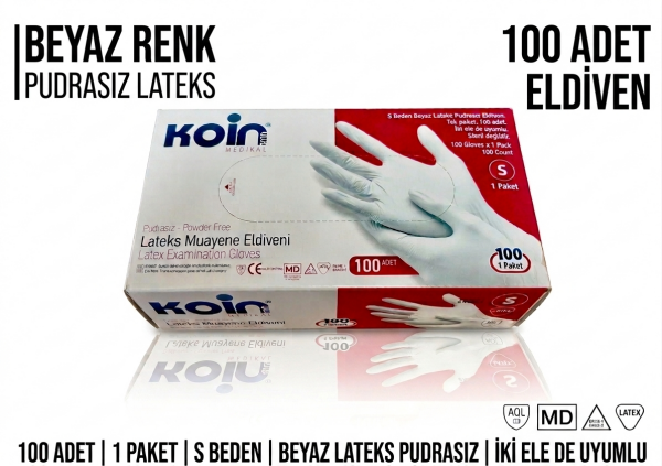 S Beden Beyaz Lateks Pudrasız Eldiven - 100 Adet