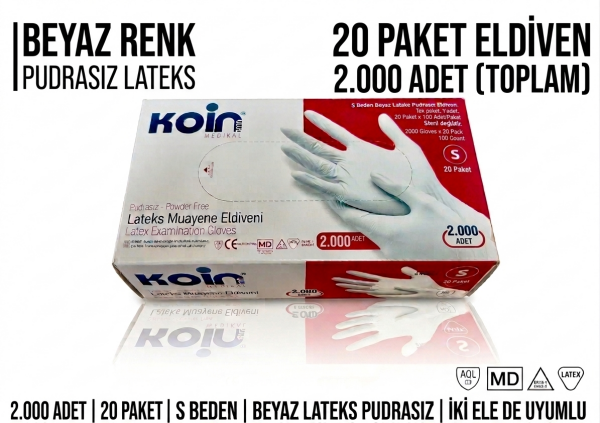 S Beden Beyaz Lateks Pudrasız Eldiven - 2.000 Adet