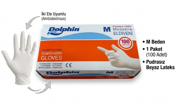 Dolphin M Beden Beyaz Lateks Pudrasız Eldiven - 100 Adet