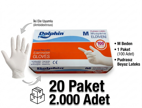 Dolphin M Beden Beyaz Lateks Pudrasız Eldiven - 2.000 Adet