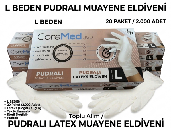 L Beden PUDRALI Beyaz Lateks Eldiven - 2.000 Adet