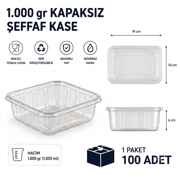 1.000 gr Kapaksız Şeffaf Kase - 100 Adet