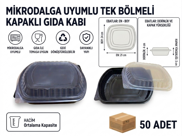 Mikrodalga Uyumlu Tek Bölmeli Kapaklı Gıda Kabı - 50 Adet