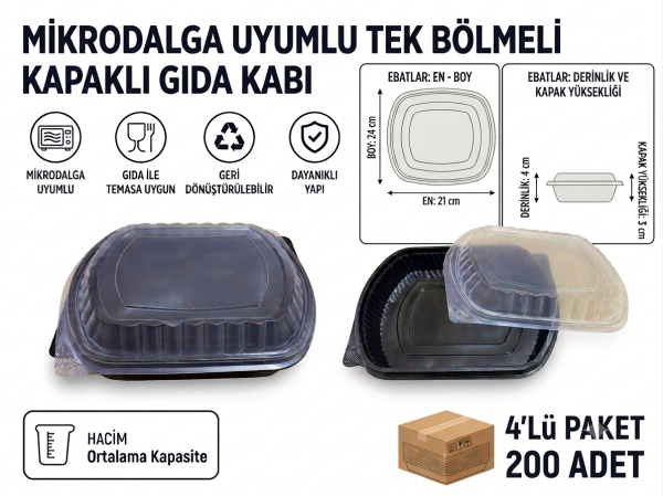 Mikrodalga Uyumlu Tek Bölmeli Kapaklı Gıda Kabı - 200 Adet