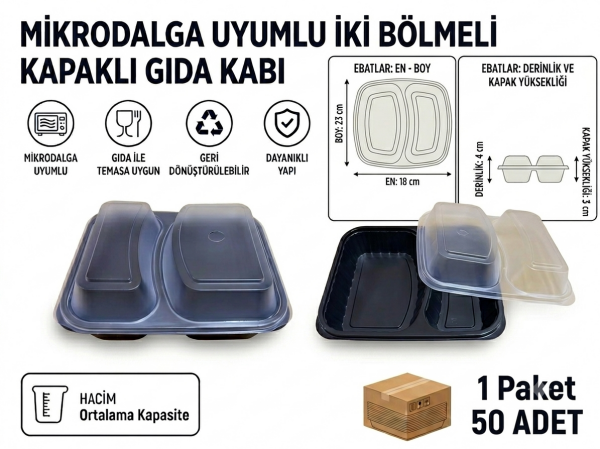 Mikrodalga Uyumlu İki Bölmeli Kapaklı Gıda Kabı - 50 Adet