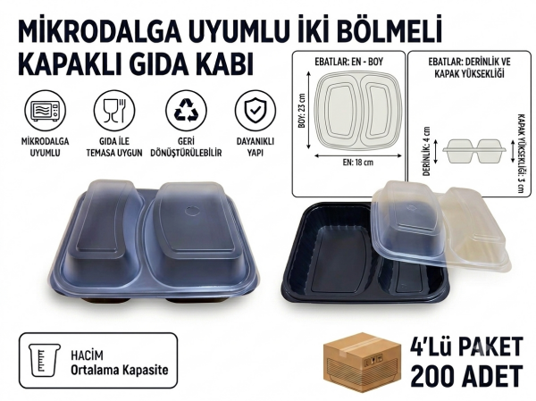 Mikrodalga Uyumlu İki Bölmeli Kapaklı Gıda Kabı - 200 Adet