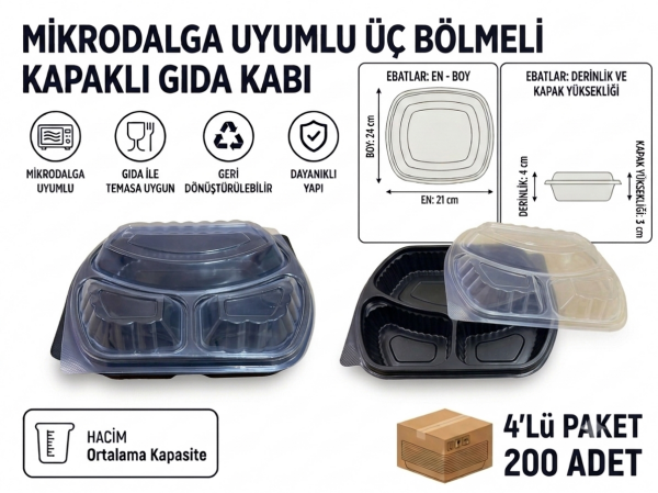 Mikrodalga Uyumlu Üç Bölmeli Kapaklı Gıda Kabı - 200 Adet