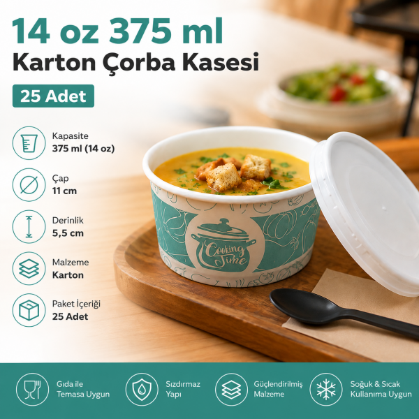 14 Oz (375 ml) Kapaklı Karton Çorba Kasesi - 25 Adet