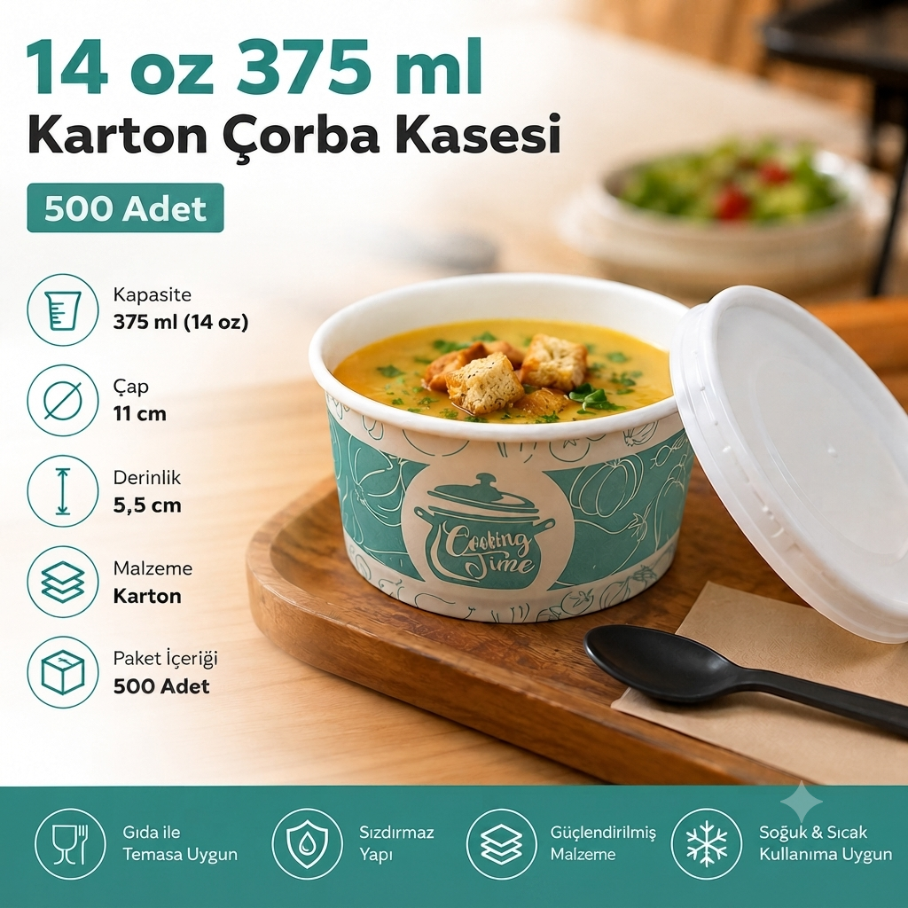 14 Oz (375 ml) Kapaklı Karton Çorba Kasesi - 500 Adet