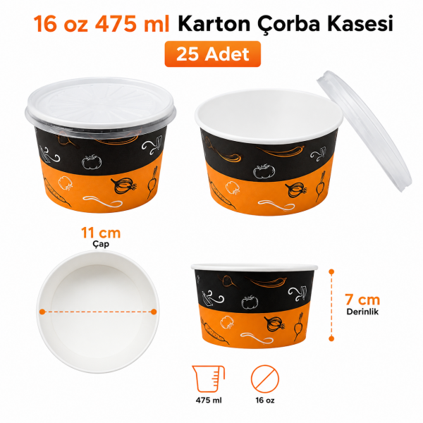 16 Oz (475 ml) Kapaklı Karton Çorba Kasesi - 25 Adet