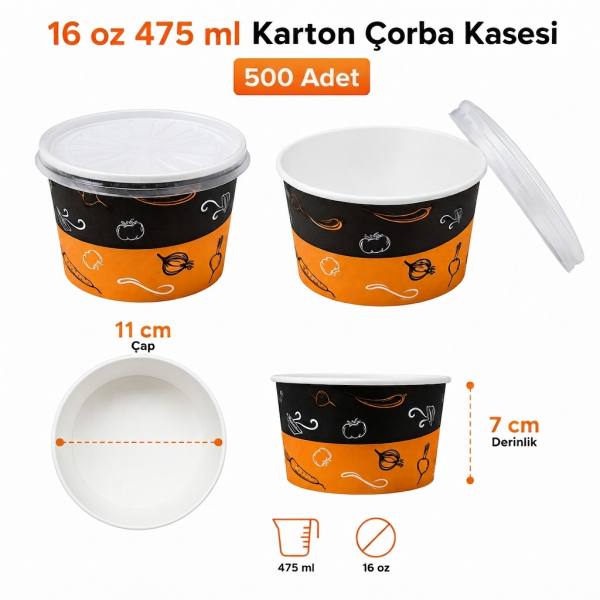 16 Oz (475 ml) Kapaklı Karton Çorba Kasesi - 500 Adet