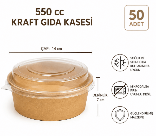 550 cc Kapaklı Kraft Gıda Kasesi - 50 Adet