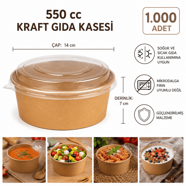 550 cc Kapaklı Kraft Gıda Kasesi - 1000 Adet