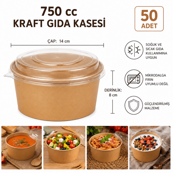 750 cc Kapaklı Kraft Gıda Kasesi - 50 Adet