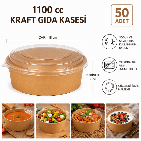 1100 cc Kapaklı Kraft Gıda Kasesi - 50 Adet