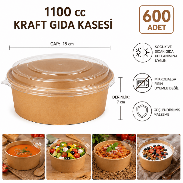 1100 cc Kapaklı Kraft Gıda Kasesi - 600 Adet