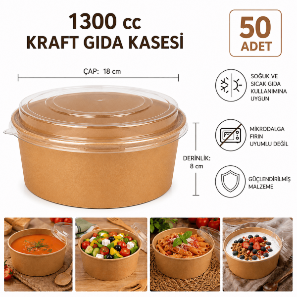 1300 cc Kapaklı Kraft Gıda Kasesi - 50 Adet