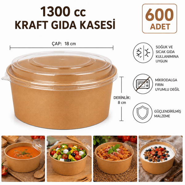 1300 cc Kapaklı Kraft Gıda Kasesi - 600 Adet
