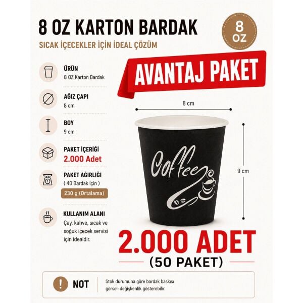8 oz 2.000 Adet AVANTAJ PAKET Karton Bardak - Kullan At Çay Ve Kahve Bardağı