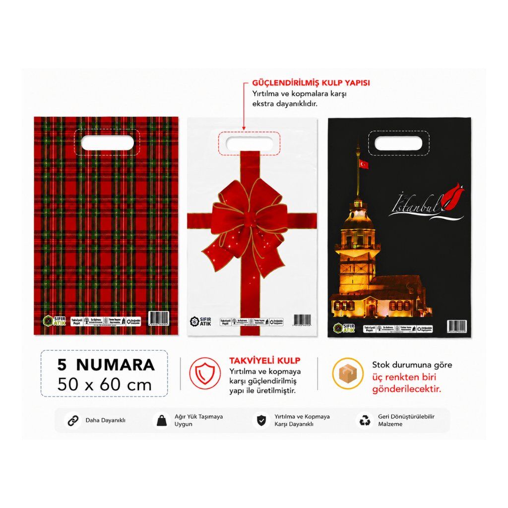 Renkli 50 adet 5 No ( 50 x 60 cm ) Takviyeli El Geçme Baskılı Poşet