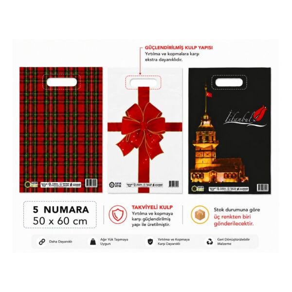 Renkli 50 adet 5 No ( 50 x 60 cm ) Takviyeli El Geçme Baskılı Poşet