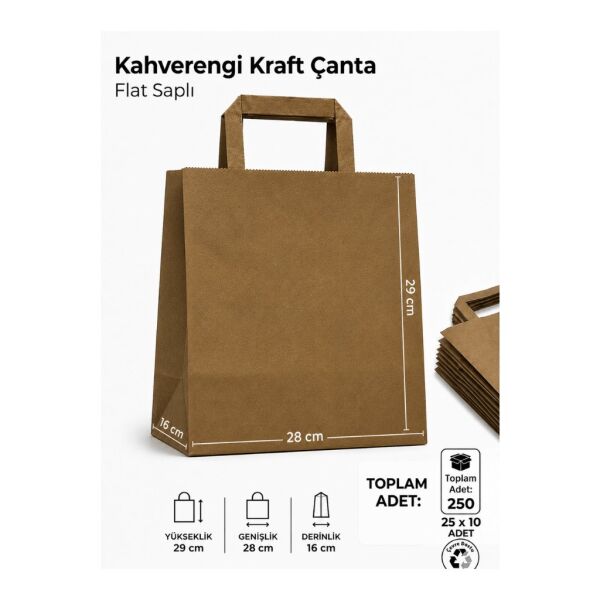 250 Adet 28x16x29 cm Kahverengi Kraft Kağıt Çanta flat saplı