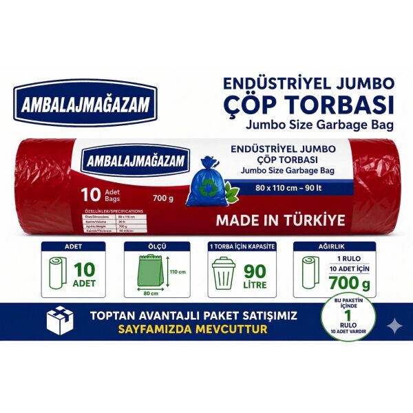 Ethex Extra Kalın Endüstriyel 80x110 cm 700 Gr Jumbo Çöp Torbası 90 Litre 10 Adet Çöp Poşeti