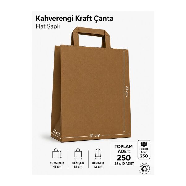 250 Adet 31x12x41 Kahverengi Kraft Kağıt Çanta
