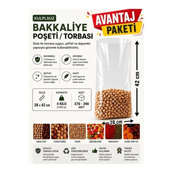 4 NO (370 -390 Adet) Bakkaliye ve Erzak Poşeti (3'Lü avantaj paket) 28 x 42 cm 4 Kilo Kapasiteli Şeffaf Torba