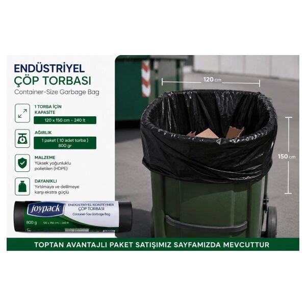 Joypack 100 Adet 10'Lu Avantaj Paket 120x150 cm Endüstriyel Konteyner Çöp Torbası 800 Gr Ağır Hizmet Çöp Poşeti